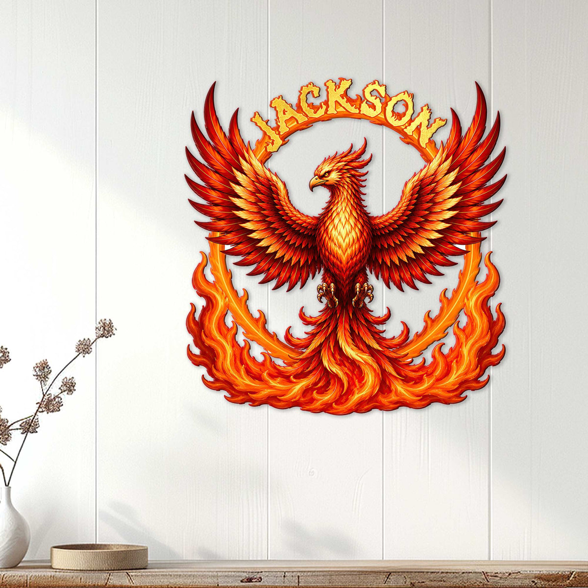 Fiery phoenix wall sign displayed on a light paneled wall as bold fantasy-inspired decor