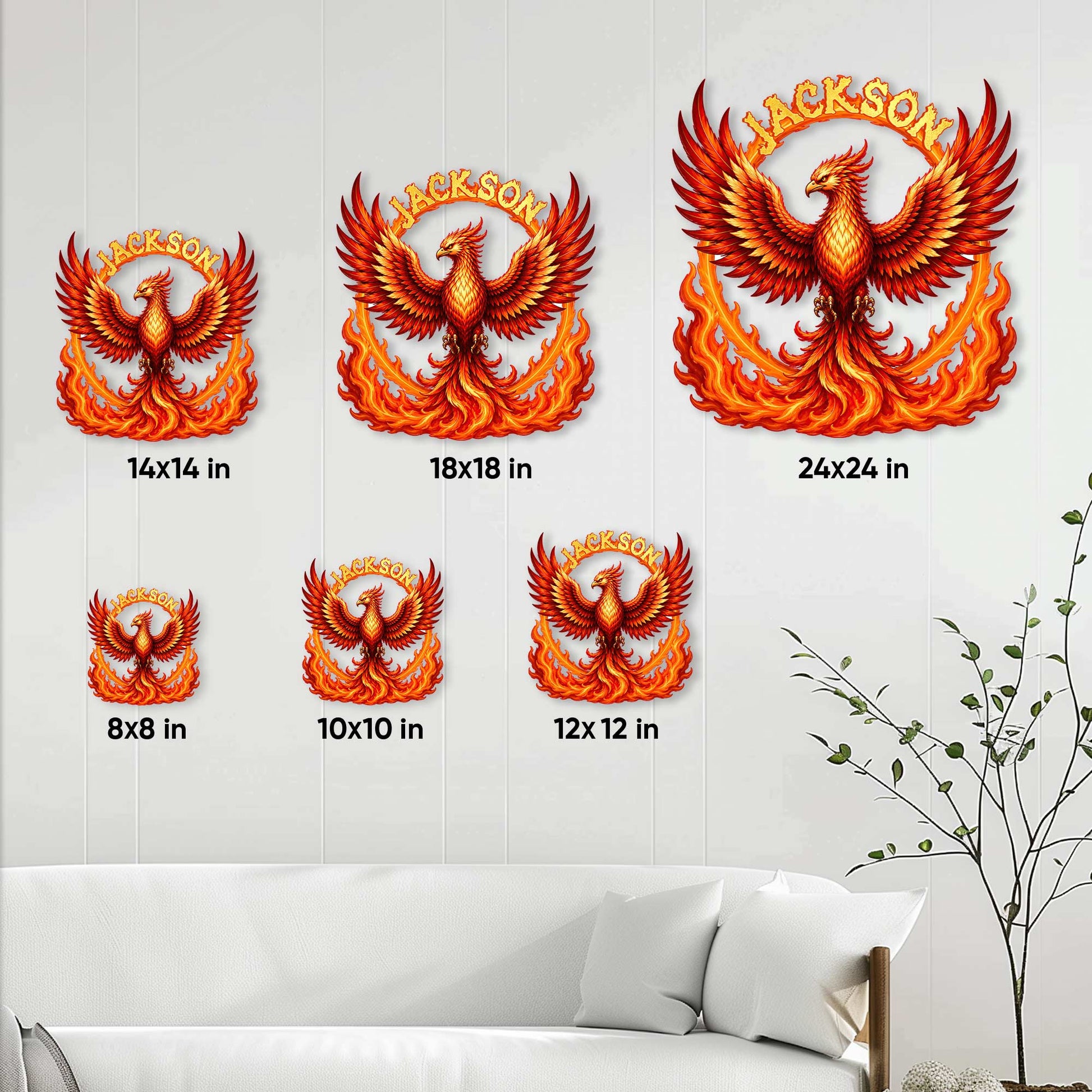 Phoenix metal sign size guide showing available square sizes from 8x8 to 24x24 inches