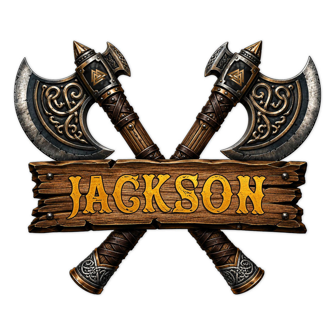 Custom Viking metal sign featuring crossed ornate battle axes and a rustic wood-style Norse plaque