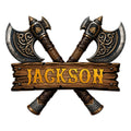 Custom Viking metal sign featuring crossed ornate battle axes and a rustic wood-style Norse plaque