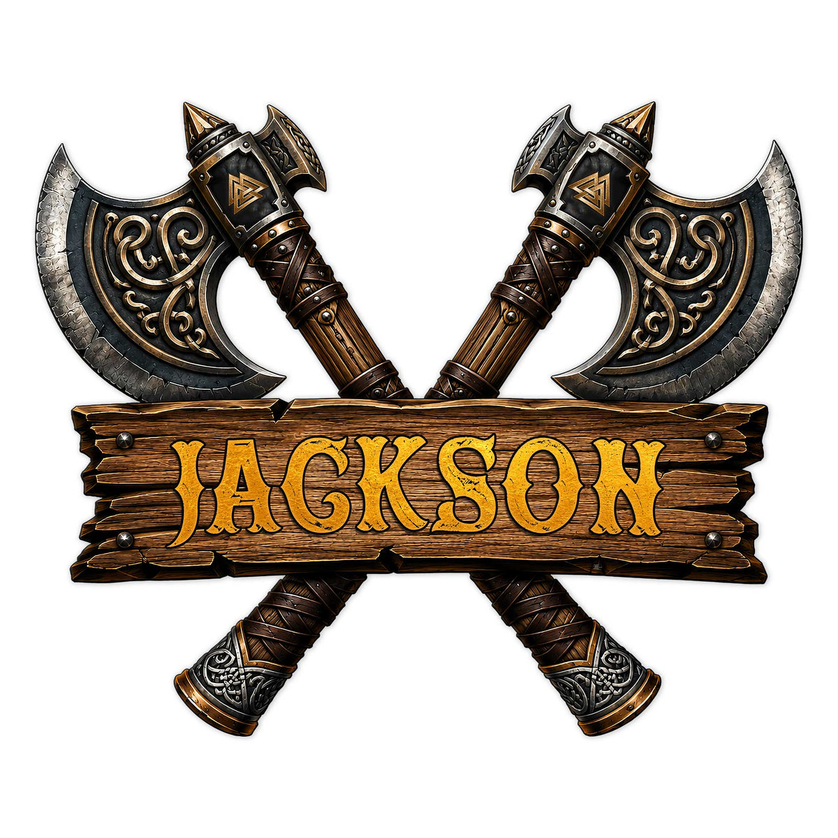 Custom Viking metal sign featuring crossed ornate battle axes and a rustic wood-style Norse plaque