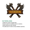 Viking crossed axes metal sign shown in a cut-metal product feature infographic