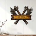 Viking axe wall sign displayed on a bright paneled wall as rustic Norse home decor