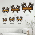 Viking crossed axes sign shown in multiple size options on a living room wall