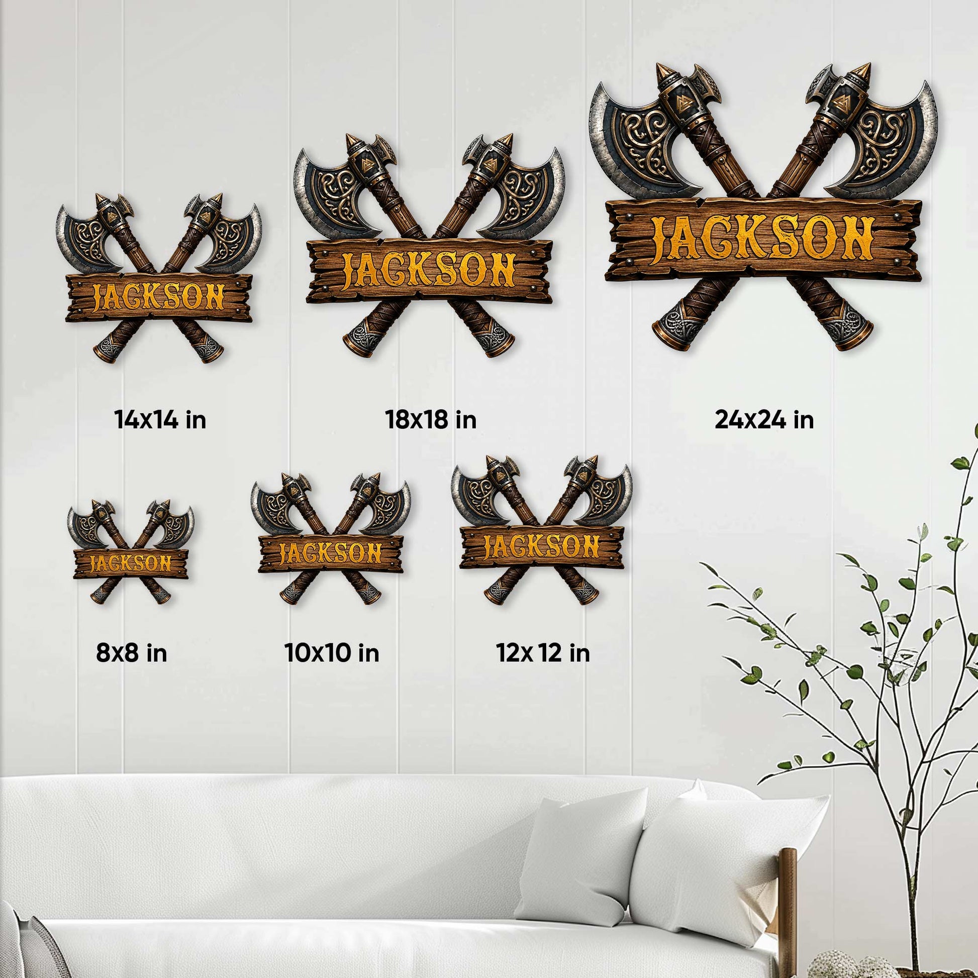 Viking crossed axes sign shown in multiple size options on a living room wall