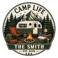 Custom camping metal sign featuring an RV campsite, mountain landscape, campfire, lantern, and pine trees
