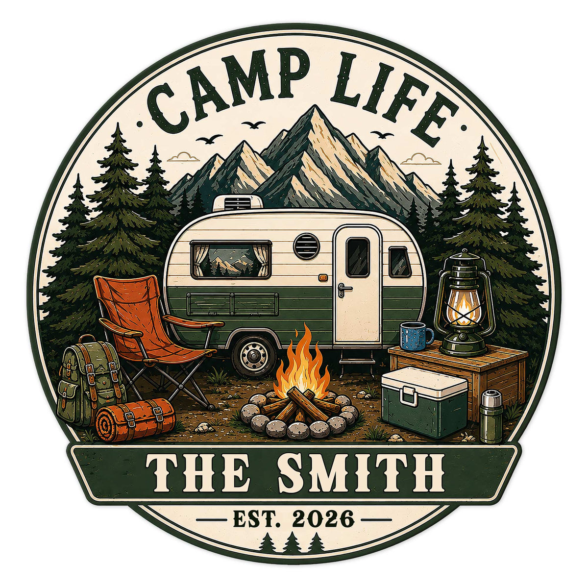 Custom camping metal sign featuring an RV campsite, mountain landscape, campfire, lantern, and pine trees