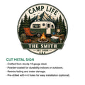 Cut metal camping sign shown with a detailed RV campsite design and outdoor wall decor features