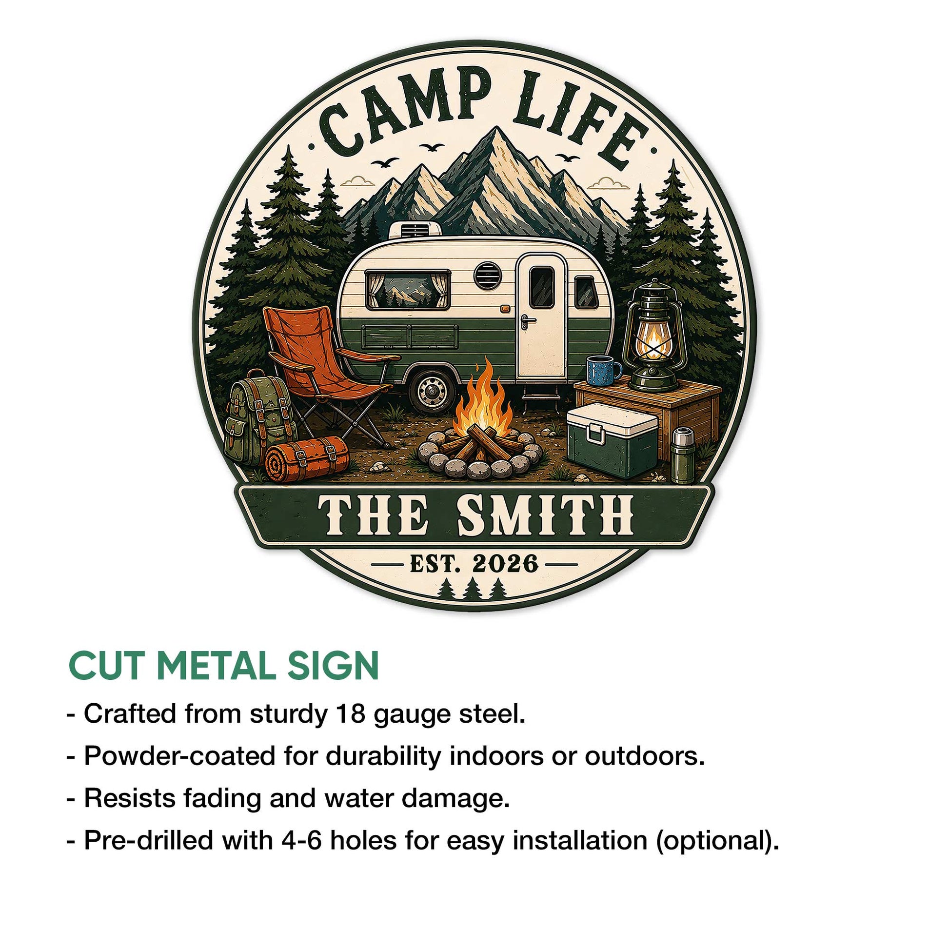 Cut metal camping sign shown with a detailed RV campsite design and outdoor wall decor features