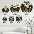 Camping metal sign size guide showing available round sign sizes from 8 by 8 to 24 by 24 inches