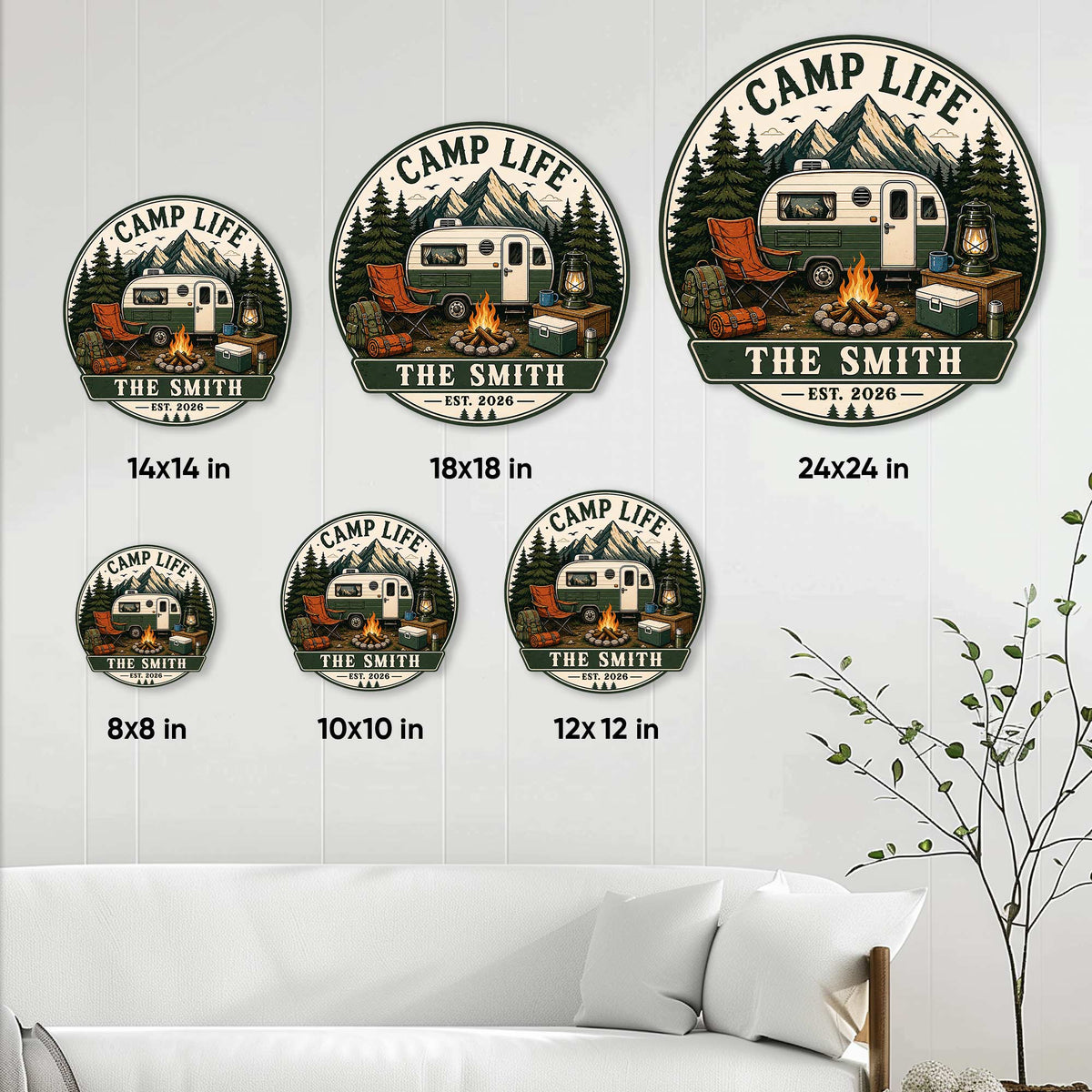Camping metal sign size guide showing available round sign sizes from 8 by 8 to 24 by 24 inches