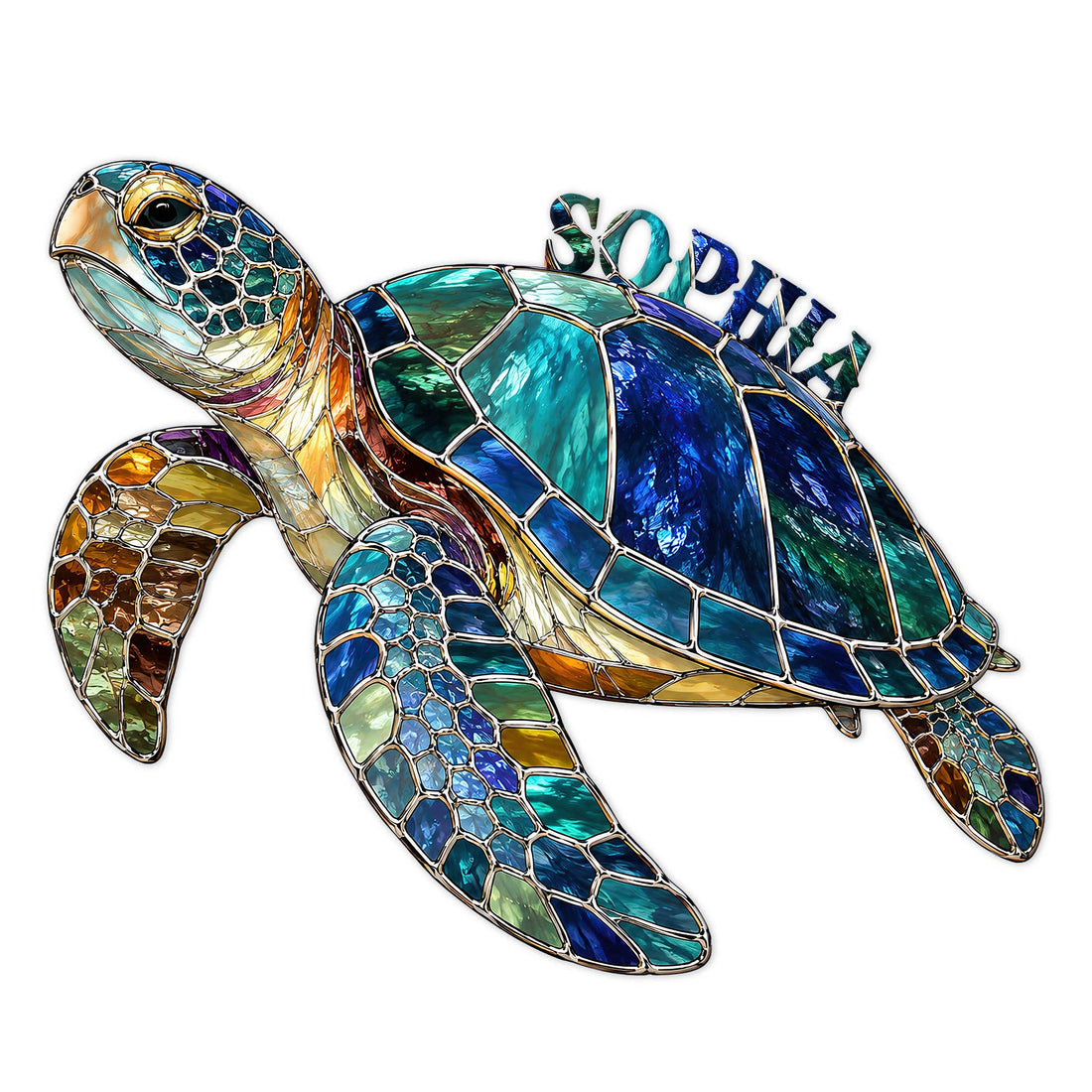 Colorful sea turtle metal sign featuring a jewel-toned stained-glass style shell