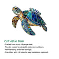 Stained-glass style sea turtle metal sign shown with product feature information
