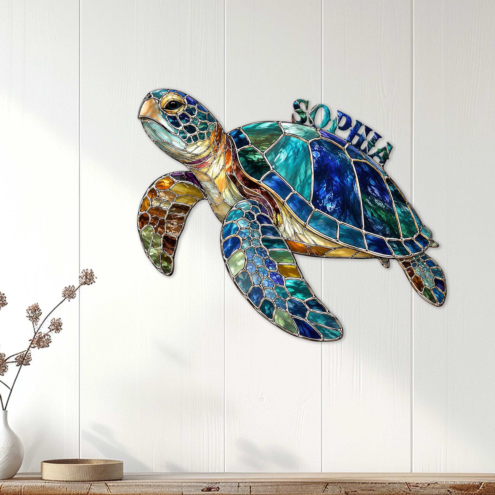 Colorful turtle wall decor displayed on a white paneled interior wall