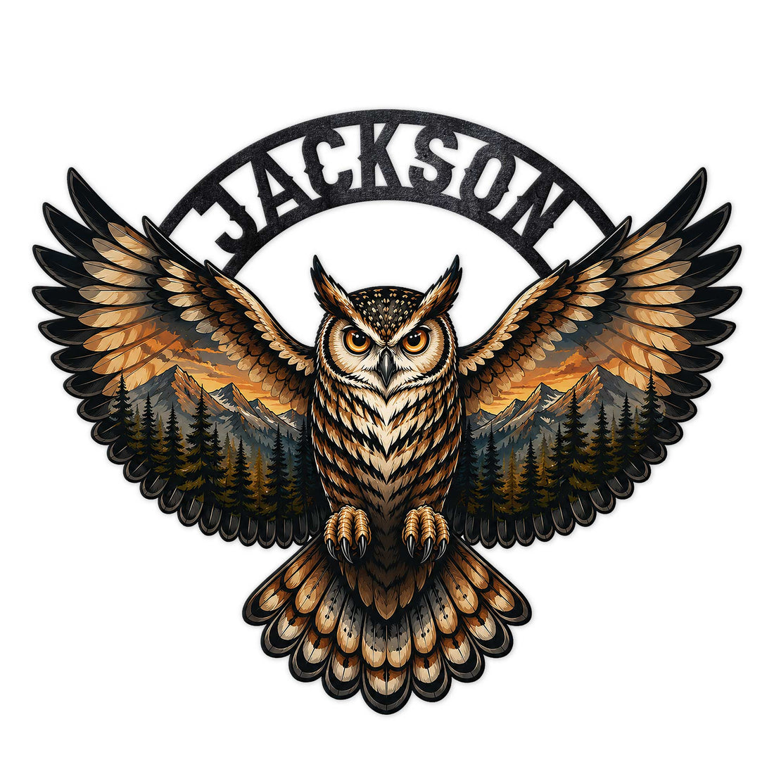 Custom owl metal sign featuring a wide-winged owl over mountain and evergreen forest artwork