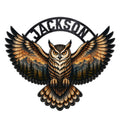 Custom owl metal sign featuring a wide-winged owl over mountain and evergreen forest artwork
