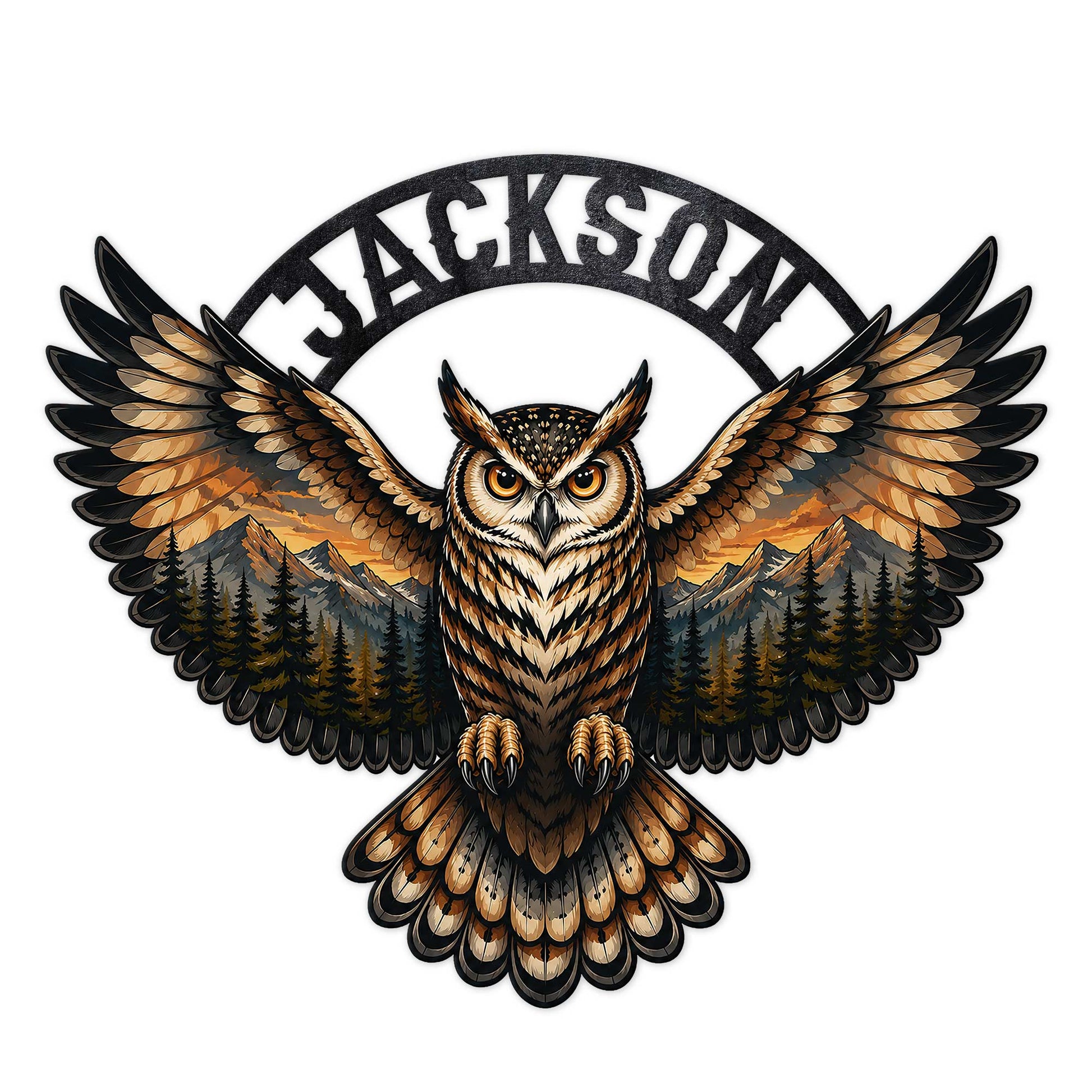 Custom owl metal sign featuring a wide-winged owl over mountain and evergreen forest artwork