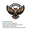 Owl metal sign product infographic showing the woodland bird artwork and cut-metal sign presentation