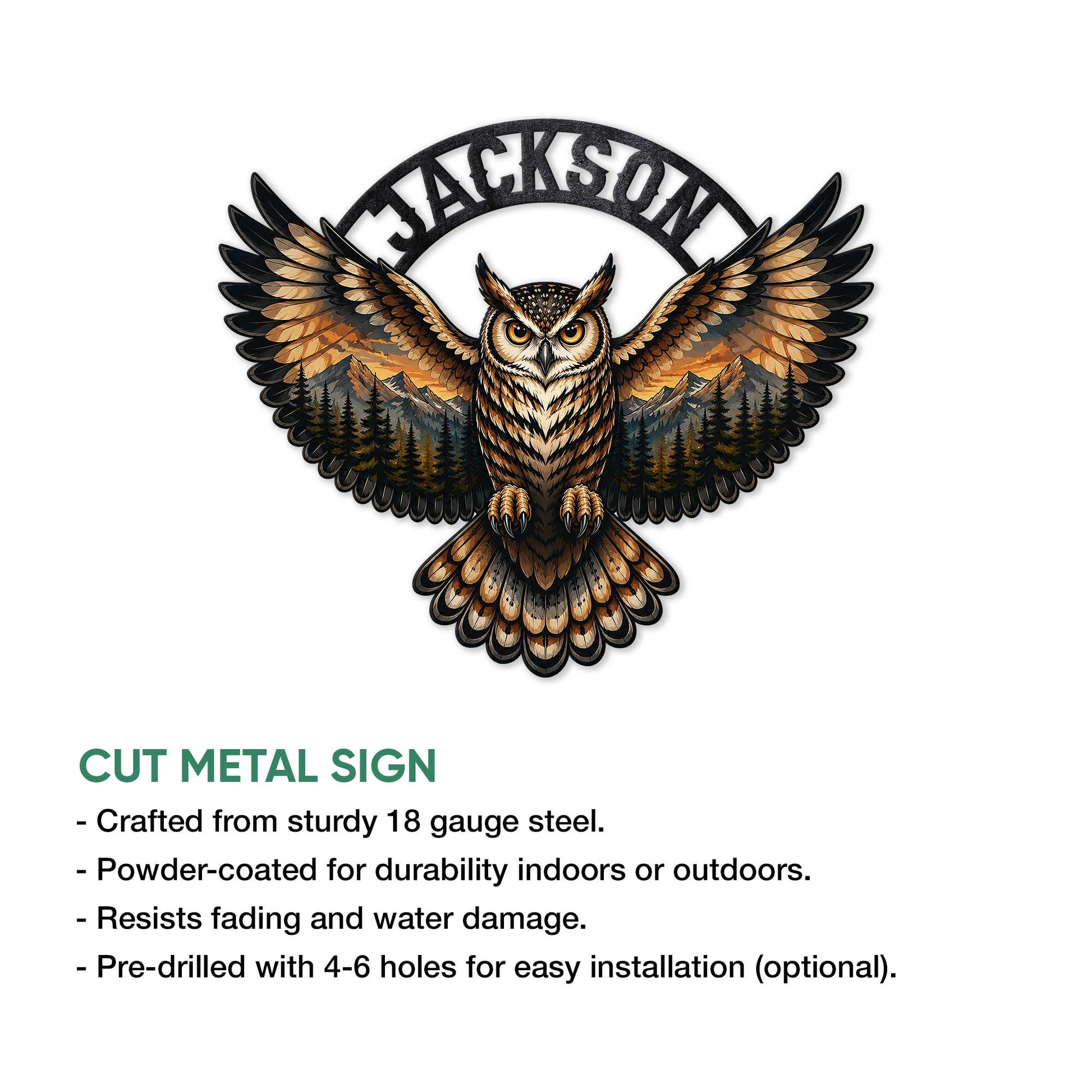 Owl metal sign product infographic showing the woodland bird artwork and cut-metal sign presentation