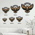 Owl metal sign size guide showing six available square sizes in a styled living room setting