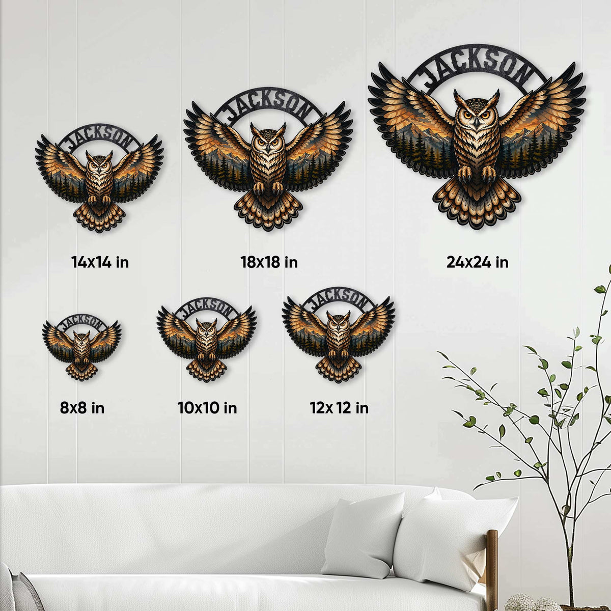 Owl metal sign size guide showing six available square sizes in a styled living room setting