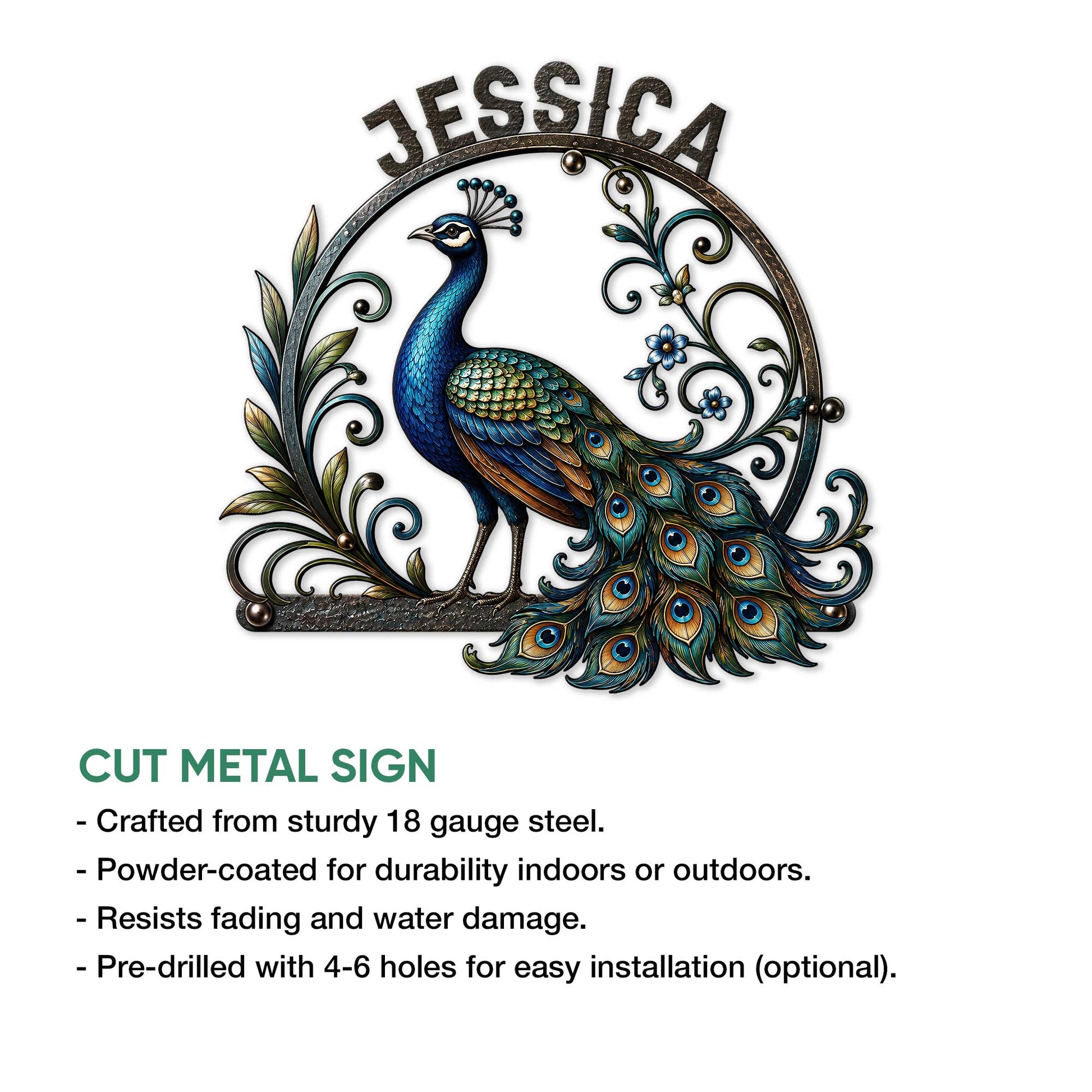 Peacock cut metal sign shown with a colorful bird design and product feature information