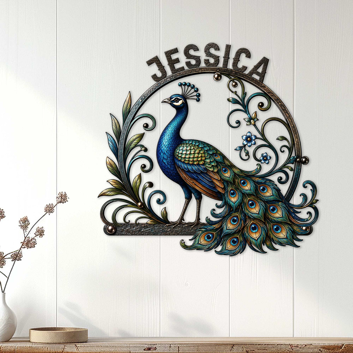 Decorative peacock metal wall sign displayed on a white paneled wall in a bright home interior