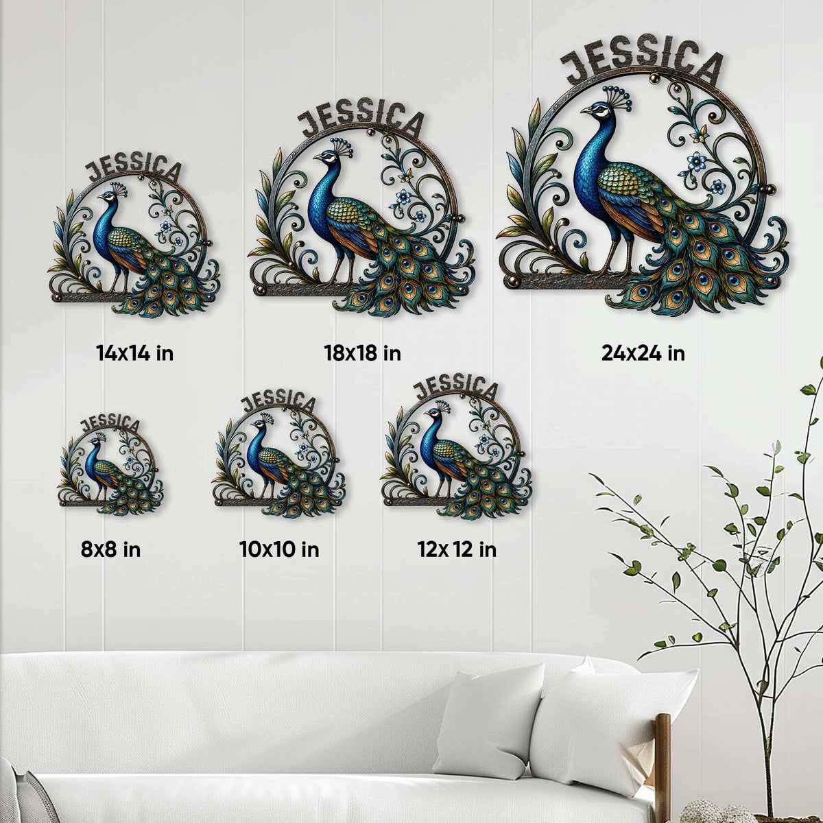 Peacock metal sign size guide showing available square sizes from 8 by 8 to 24 by 24 inches