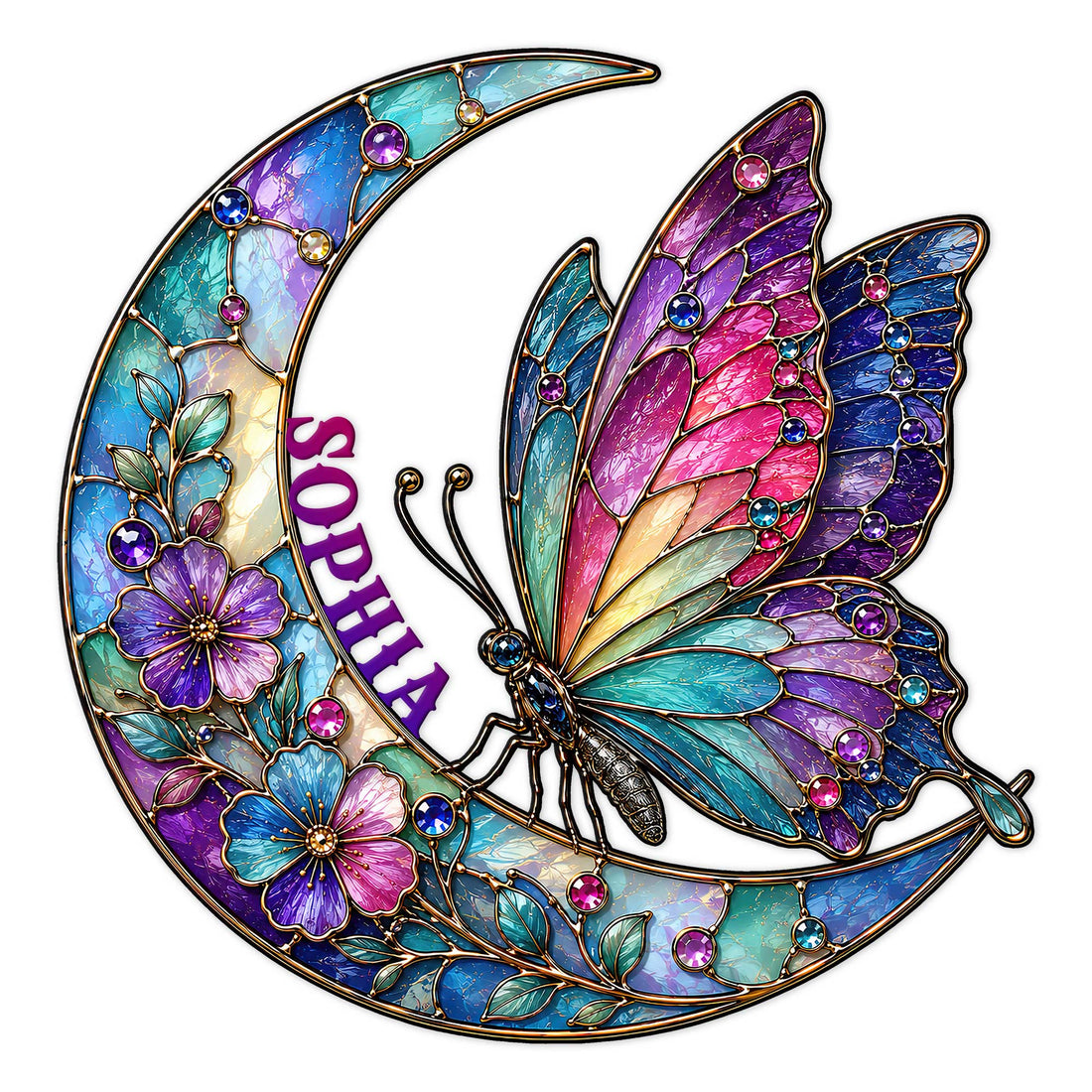 Colorful butterfly metal sign with floral wings nestled inside a crescent moon design