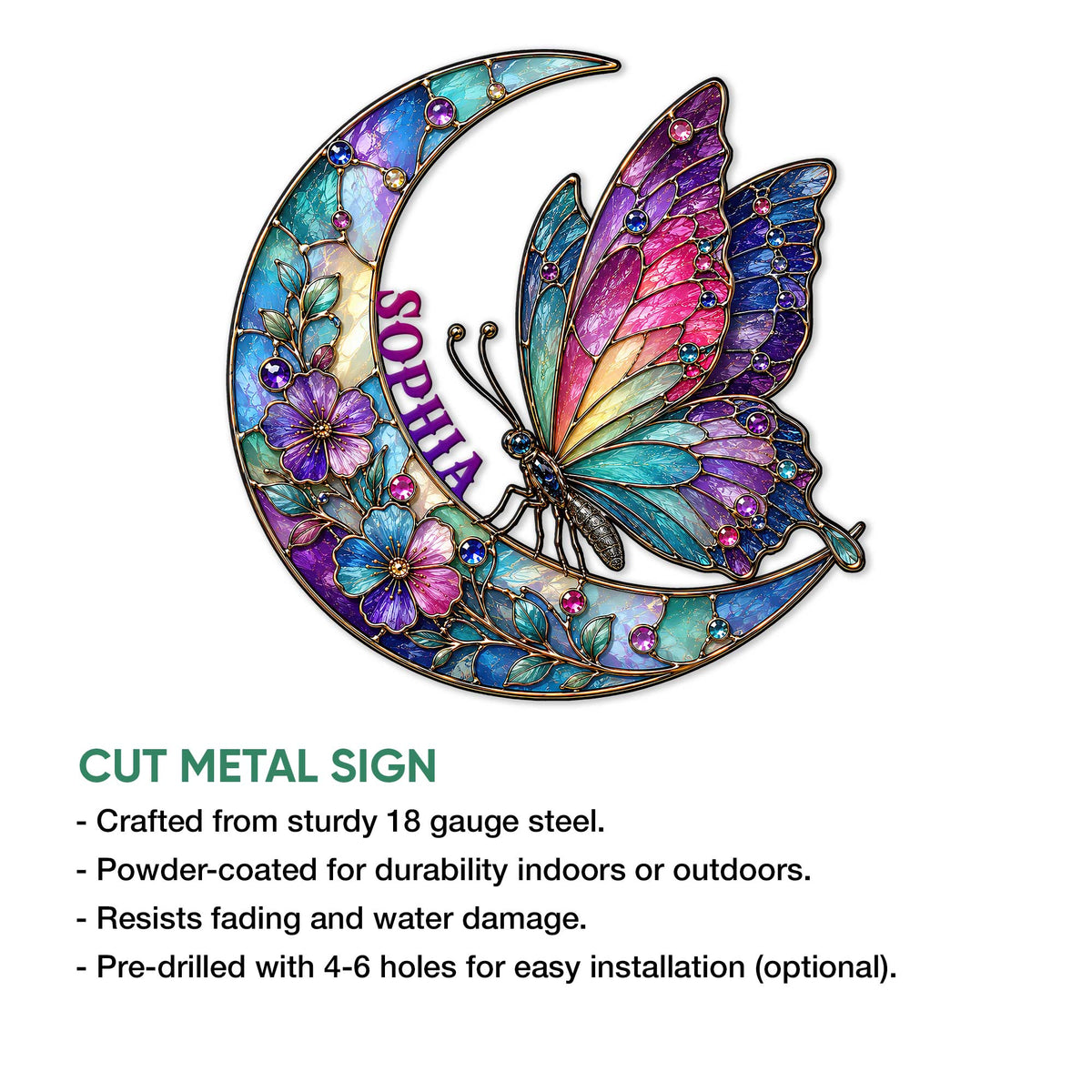 Butterfly crescent moon metal sign shown in a colorful floral design with product feature details