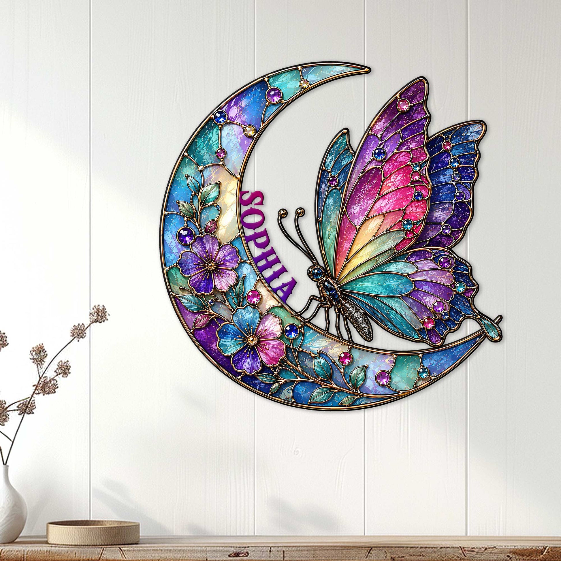 Colorful butterfly wall sign displayed on a light wood-paneled wall in a home decor setting