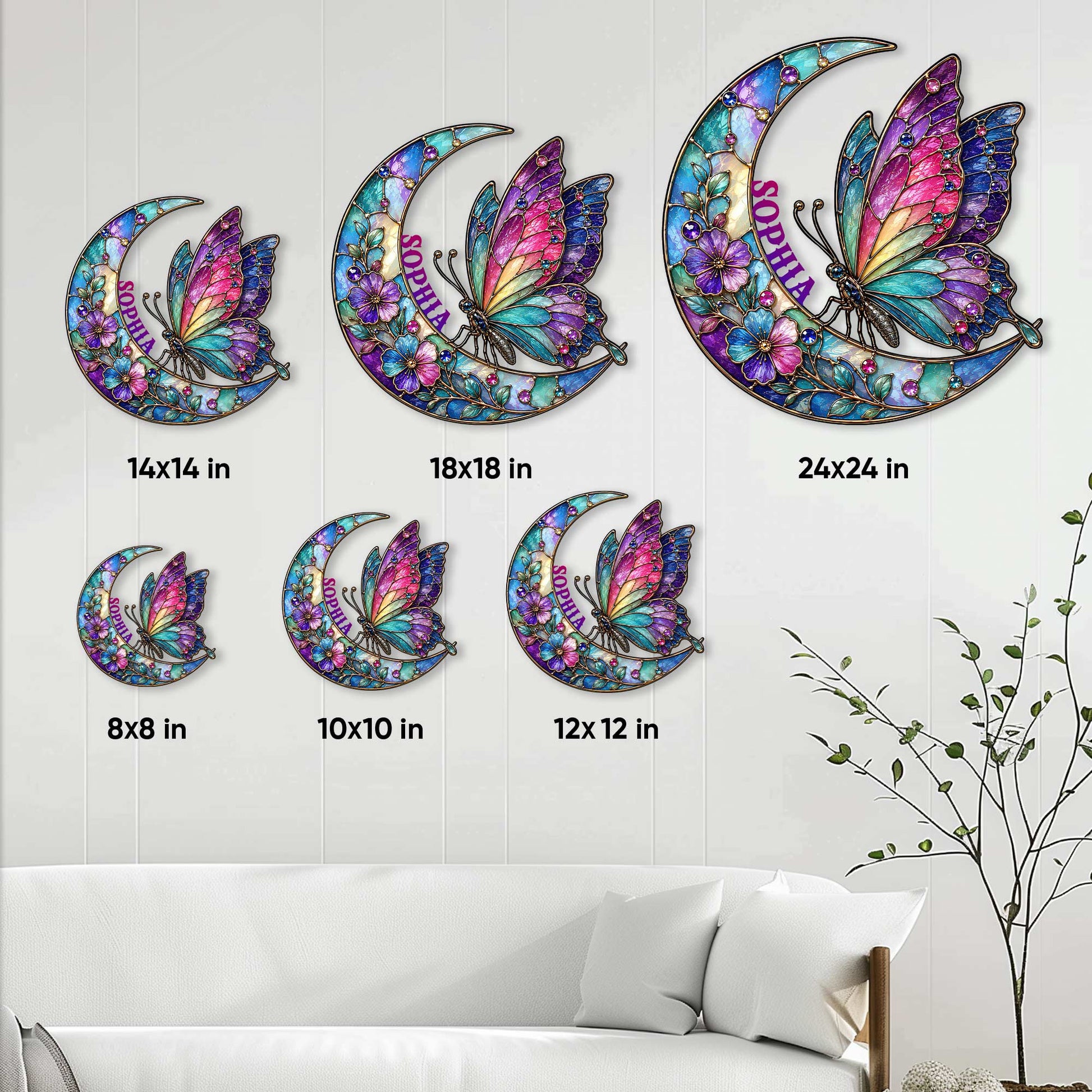 Butterfly crescent moon metal sign shown in multiple size options on a living room wall