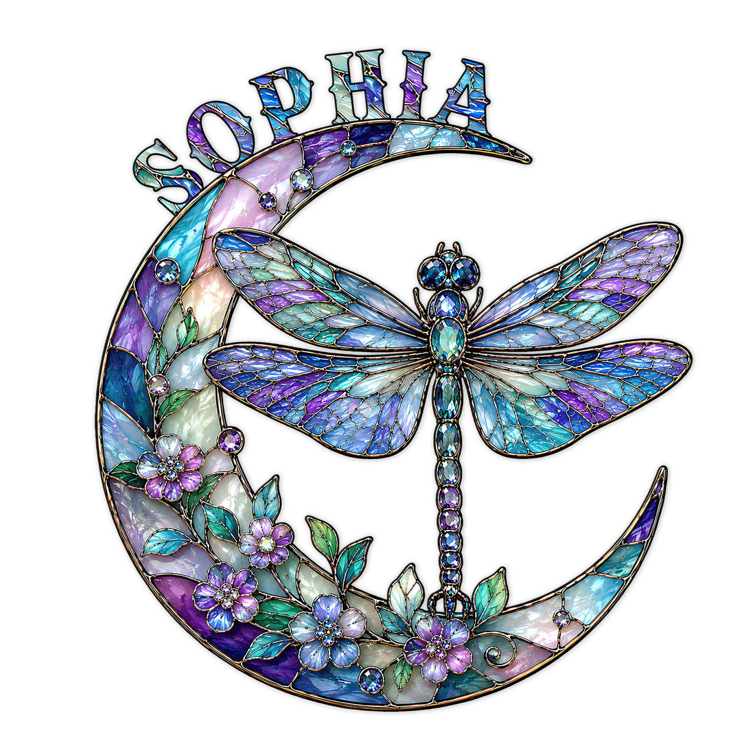 Custom dragonfly metal sign with a crescent moon, colorful stained-glass wings, and floral accents
