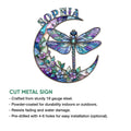 Dragonfly crescent moon metal sign shown with cut-metal construction and indoor or outdoor display details