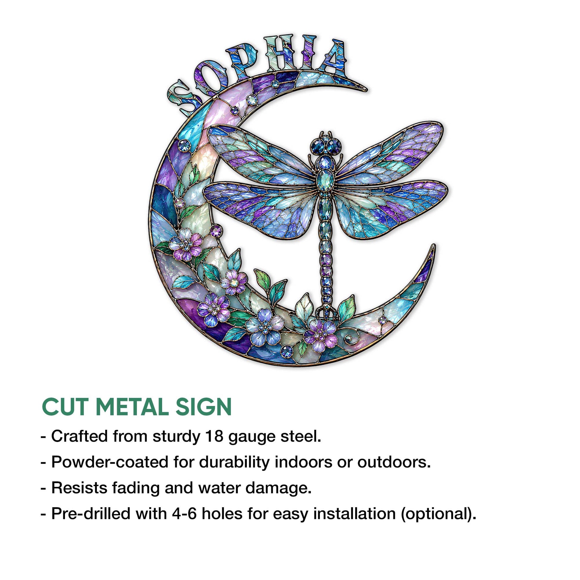 Dragonfly crescent moon metal sign shown with cut-metal construction and indoor or outdoor display details