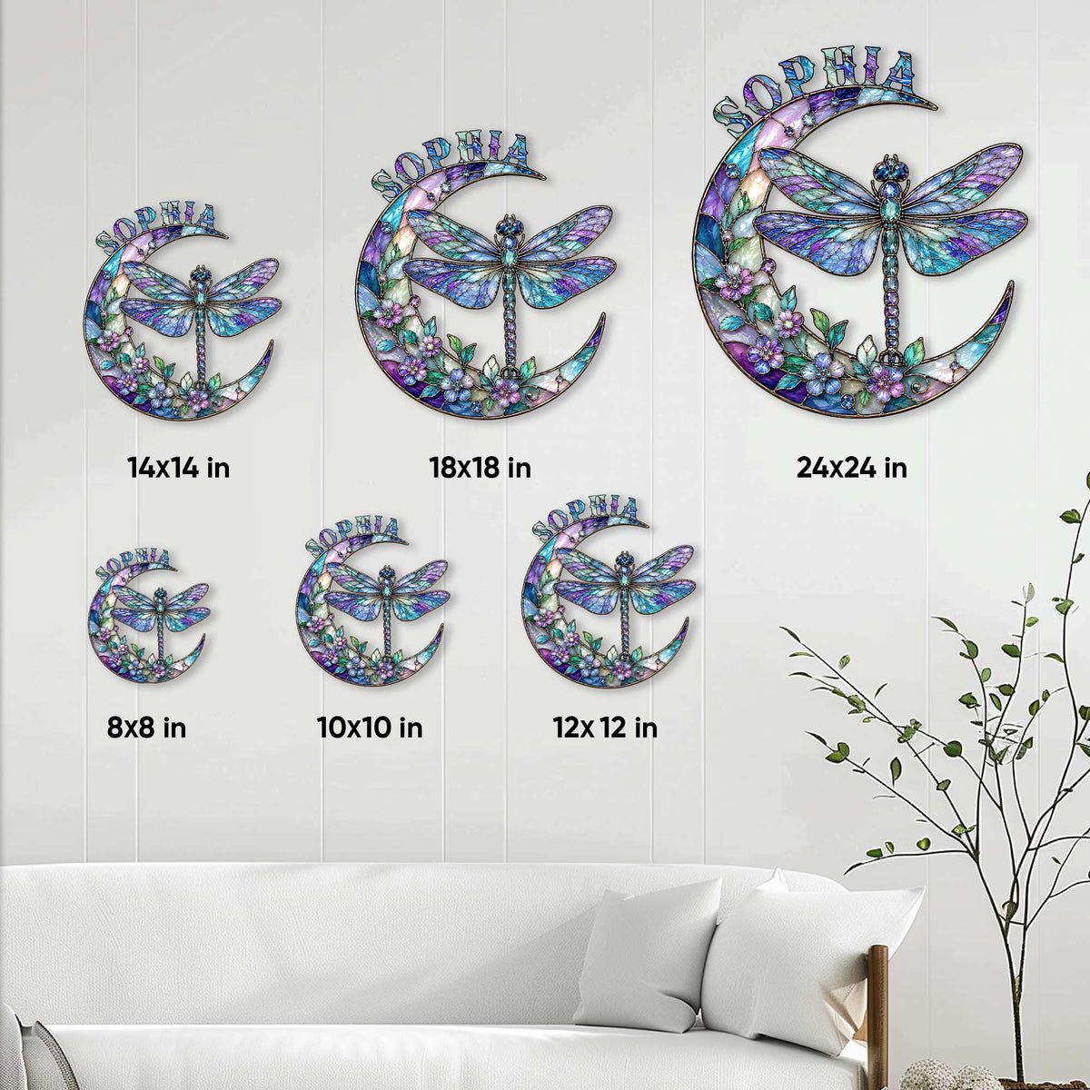 Dragonfly crescent moon metal sign size guide showing six available square dimensions in a home setting