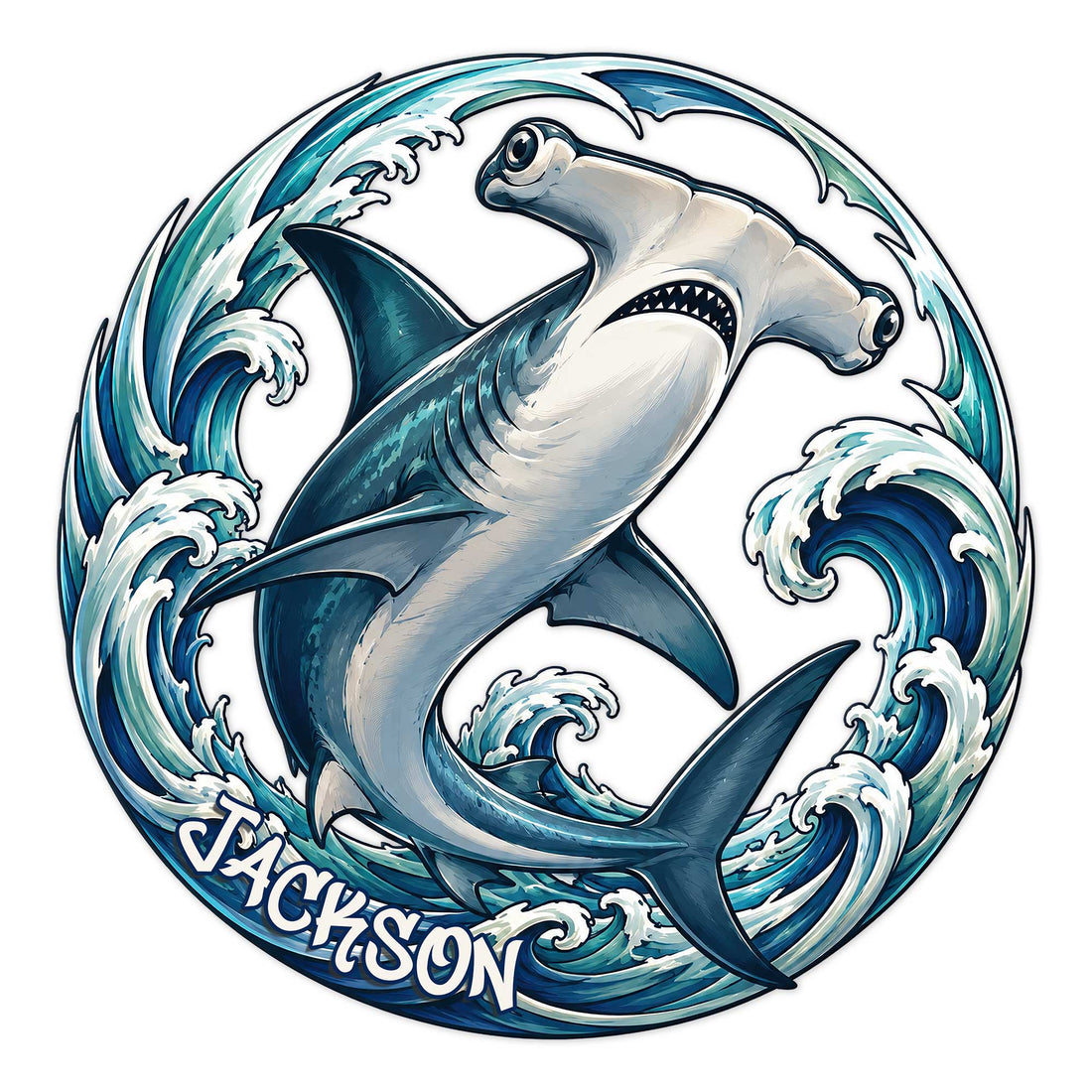 Illustrated shark metal sign surrounded by curling ocean waves in blue and teal tones