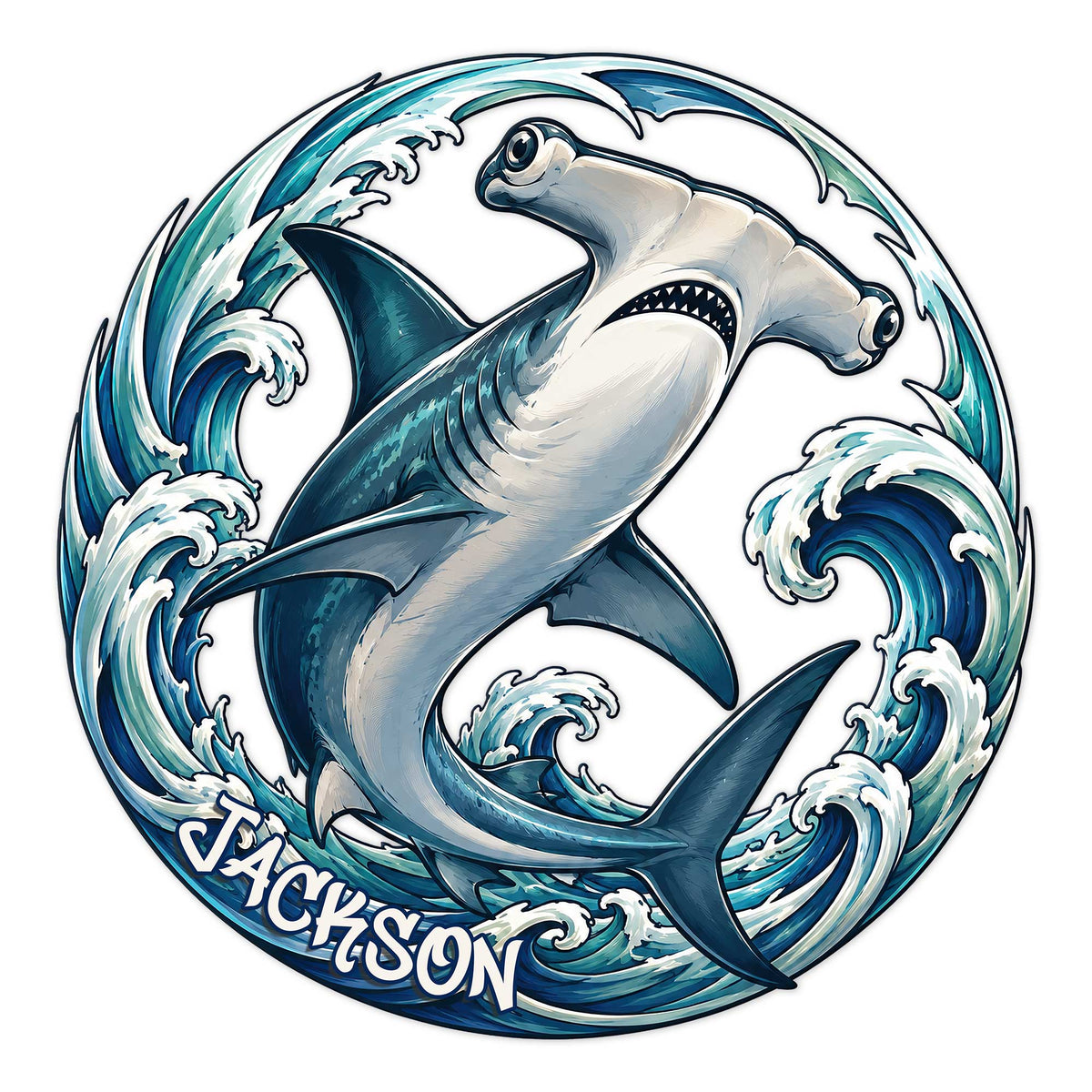 Illustrated shark metal sign surrounded by curling ocean waves in blue and teal tones