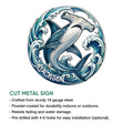 Shark cut metal sign featuring a bold ocean wave design and circular silhouette