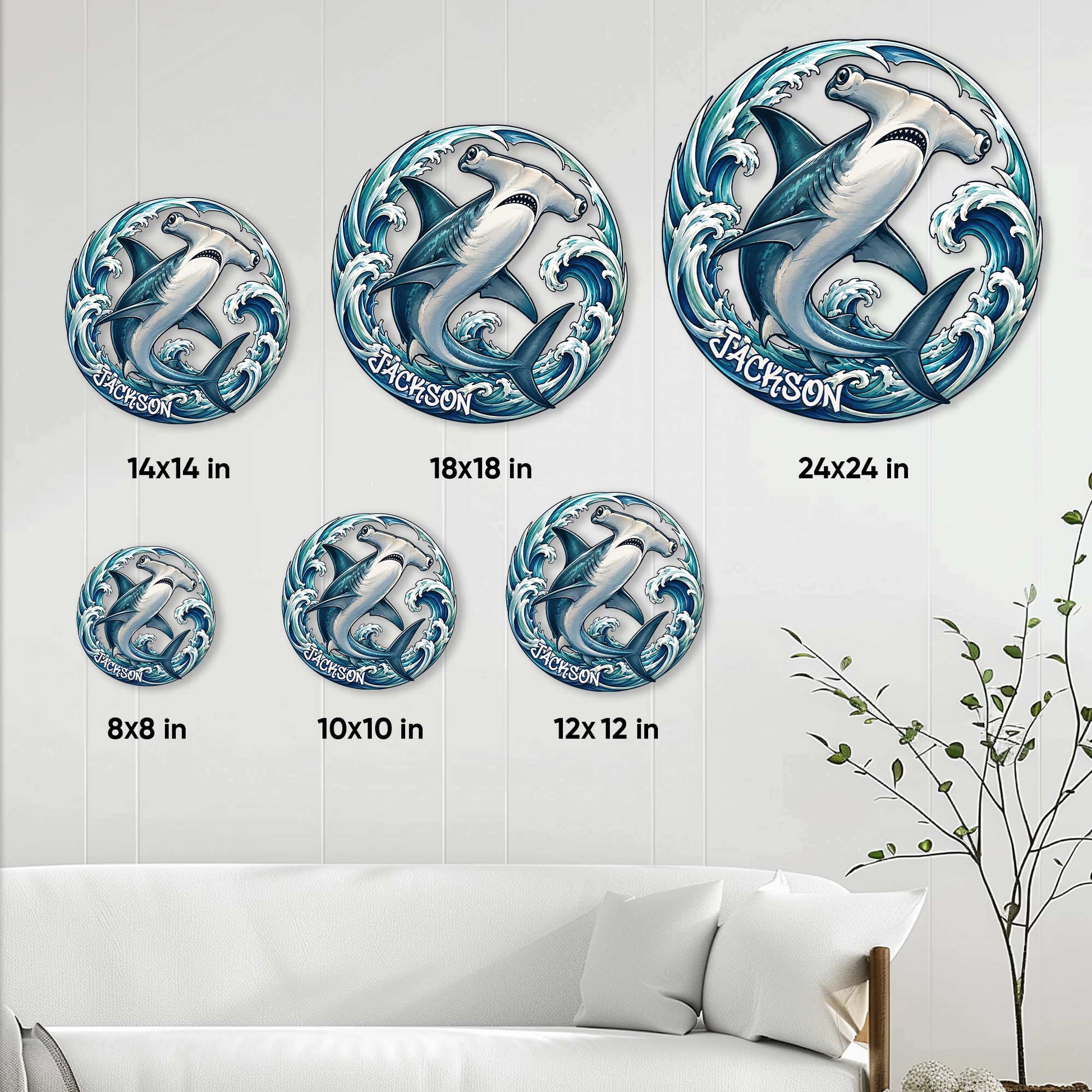 Shark metal sign size guide showing available square dimensions from 8x8 to 24x24 inches