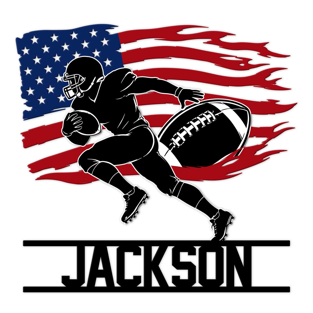 Custom American football metal sign featuring a running player silhouette over a distressed patriotic flag design