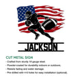 American football cut metal sign shown with a patriotic flag background and bold player silhouette