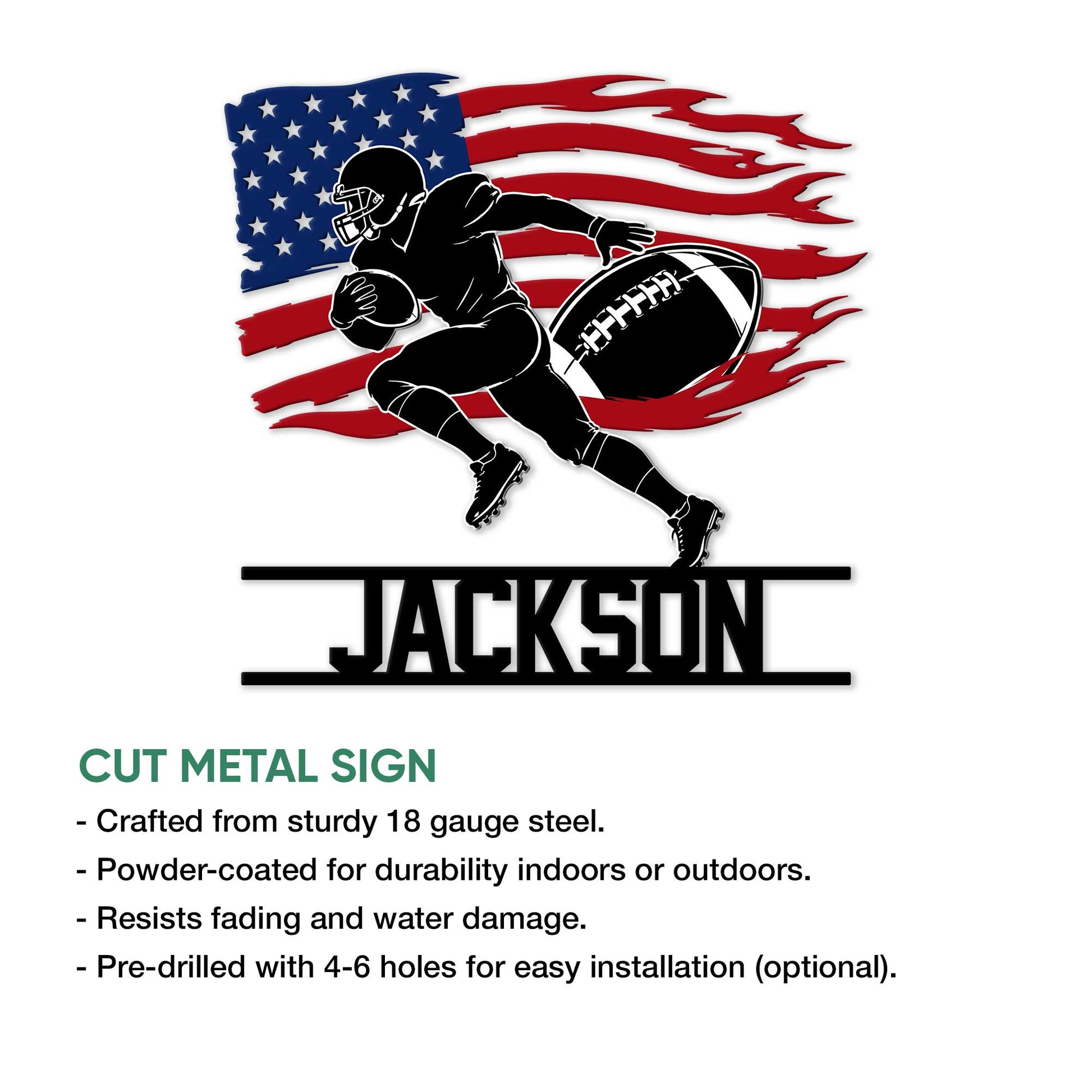 American football cut metal sign shown with a patriotic flag background and bold player silhouette