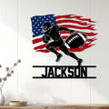American football wall decor displayed on a bright paneled wall with a dynamic player and flag design
