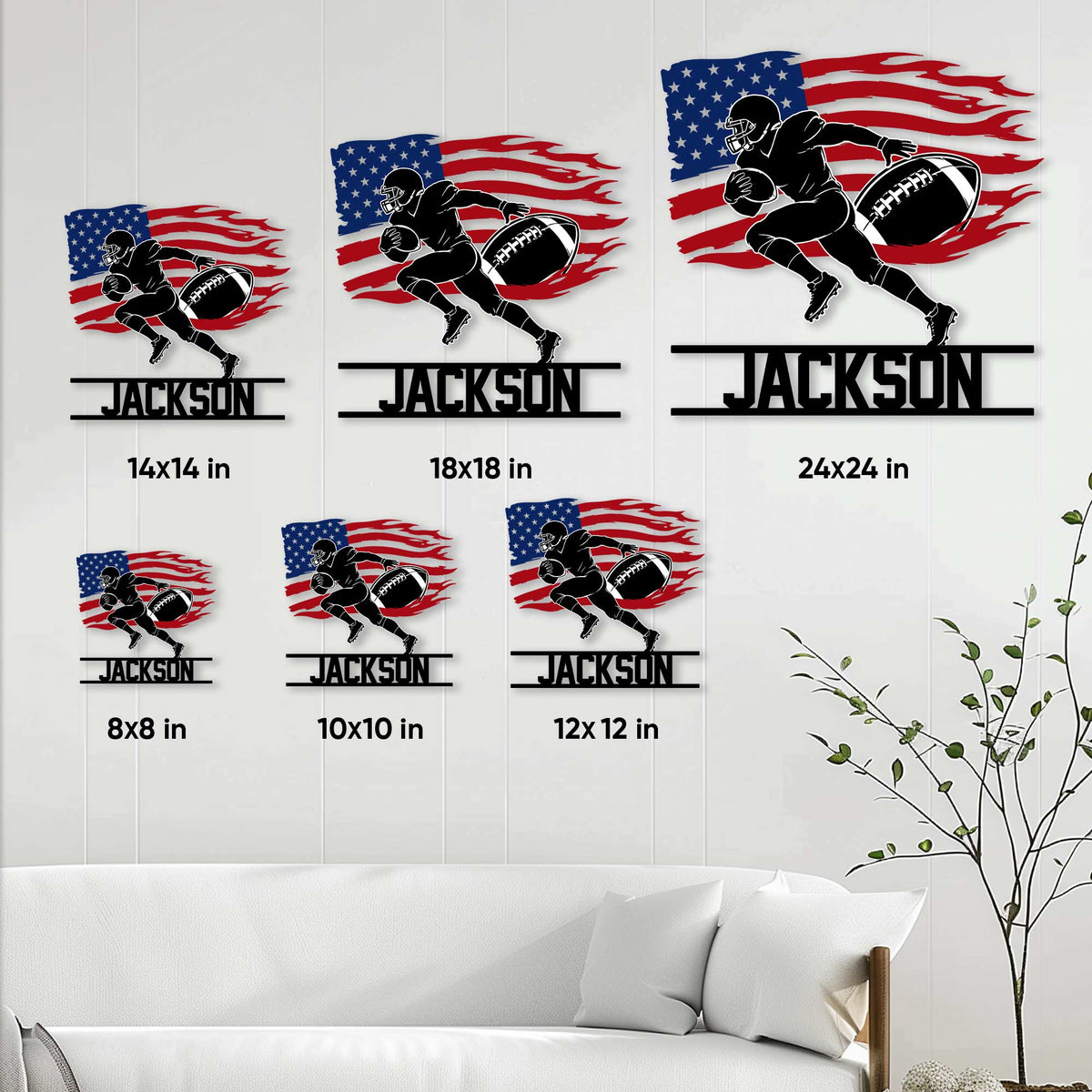American football metal sign size guide showing six square size options in a home decor setting