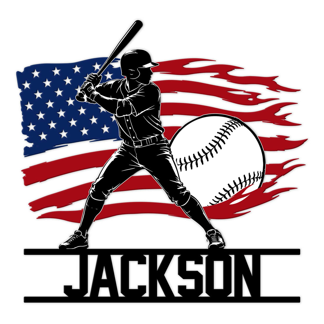 Patriotic baseball metal sign featuring a batter silhouette, oversized baseball, and distressed flag design