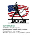 Patriotic baseball cut metal sign shown with product feature details and a batter silhouette