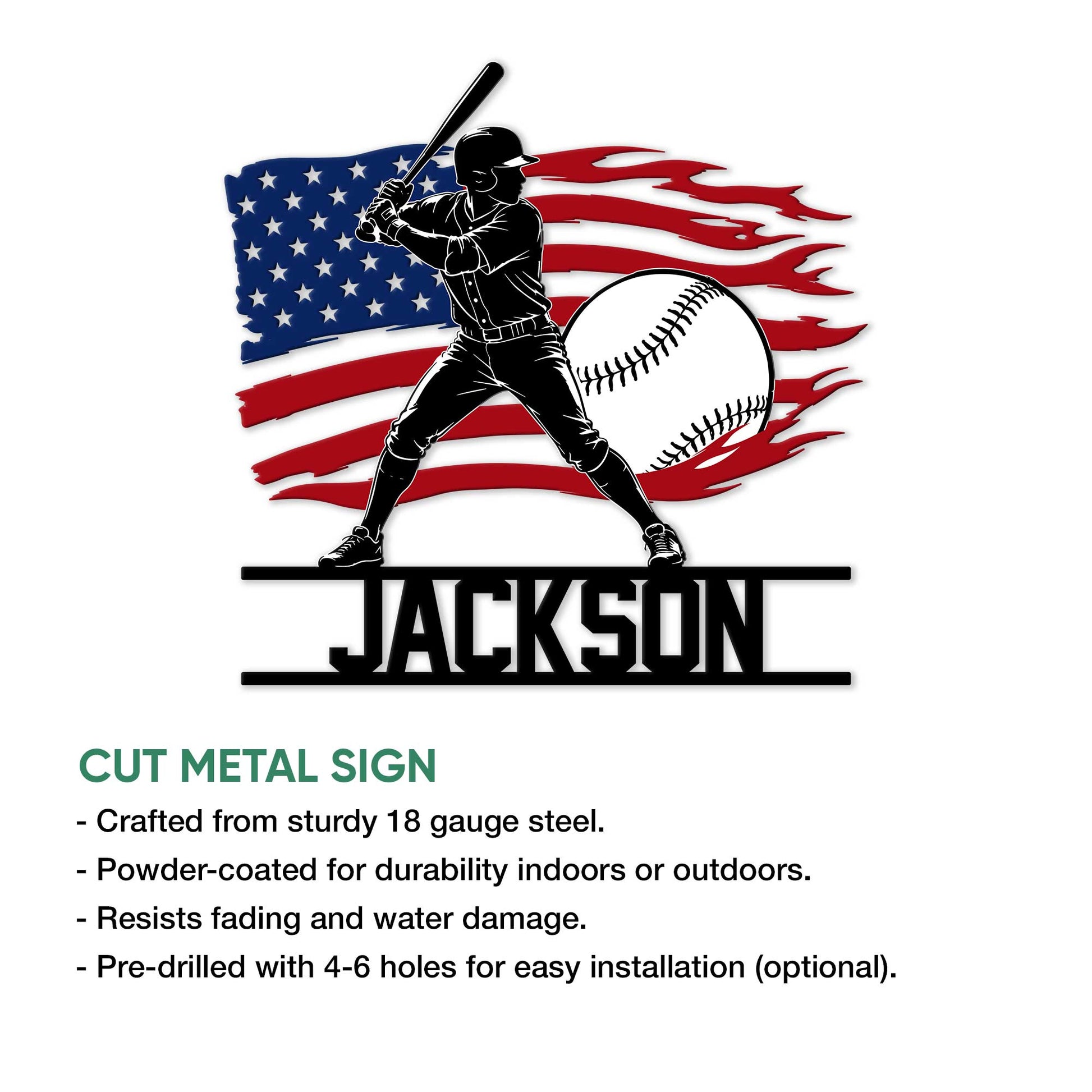 Patriotic baseball cut metal sign shown with product feature details and a batter silhouette