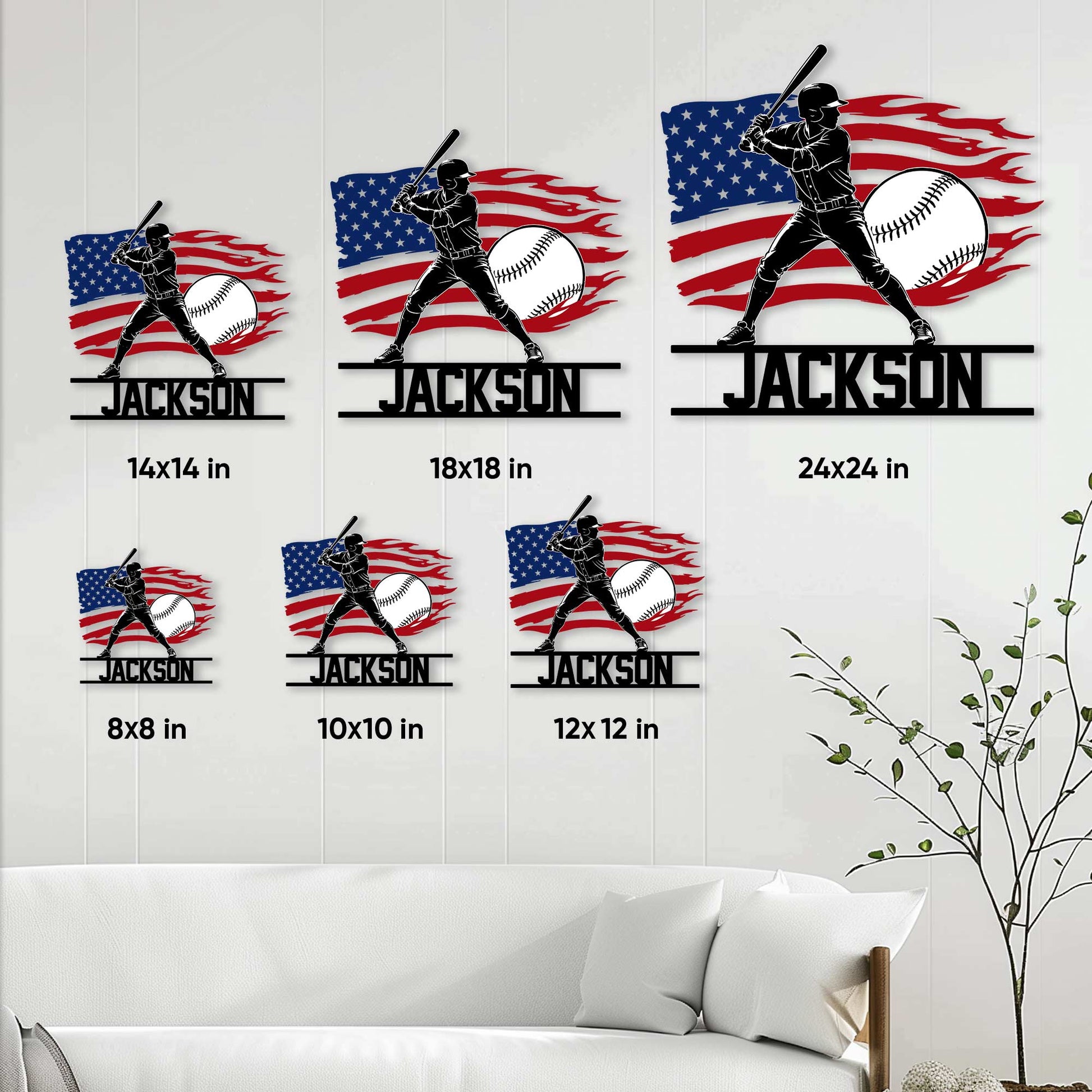 Patriotic baseball metal sign size guide showing six square size options from 8 by 8 to 24 by 24 inches