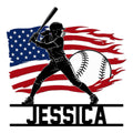 Softball metal sign featuring a female batter, oversized softball, and distressed American flag backdrop